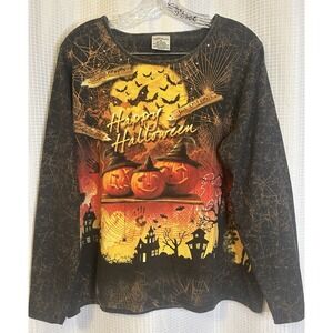 VTG Y2K Happy Halloween Top Blouse Long Sleeve Womens XL Bats Ghost Witch